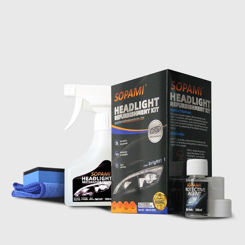 SOPAMI Car Headlight Restoration Kit Headlight Cleaner Restores Clear Yellowed Car Plastic and Protects from Re-Oxidation Includes Coating Agent and Towel, Sponge Wipe - Image 1
